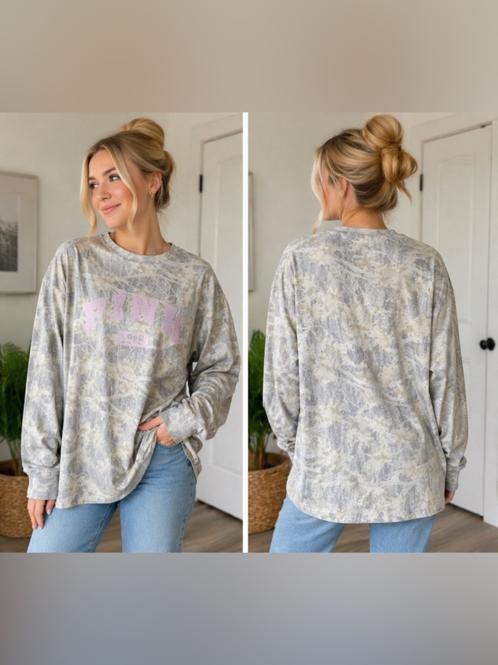 VS PINK Campus Cotton Long Sleeve Tee XS | Camo Print Pink Logo NWT